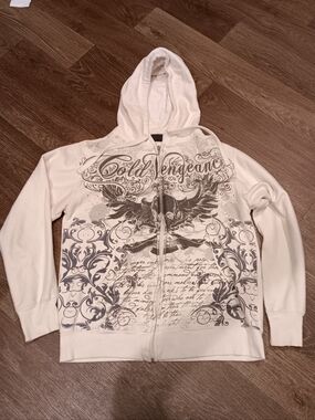 Y2k Vintage 90s Gold Vengeance White Graphic Zip-Up Hoodie